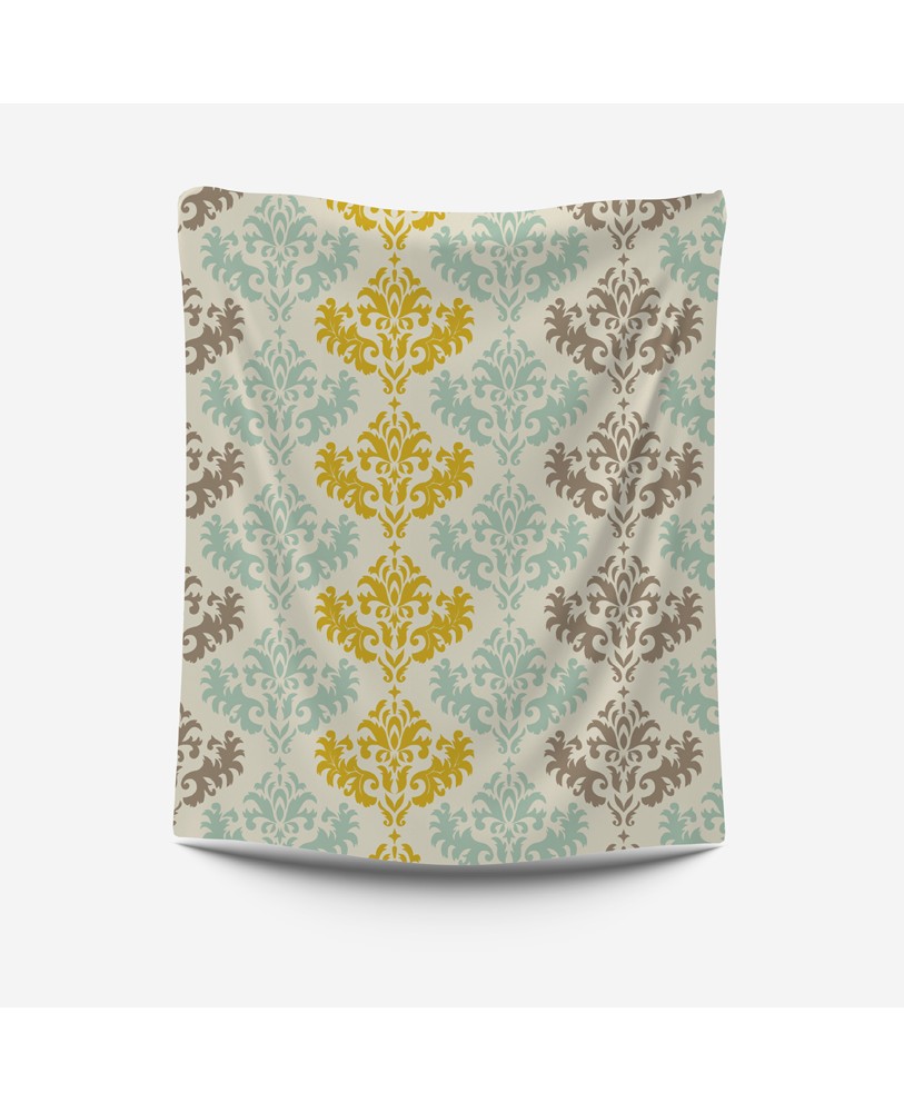 Printed Damask Yellow Blue and Cream Cotton Eyelite  Curtain