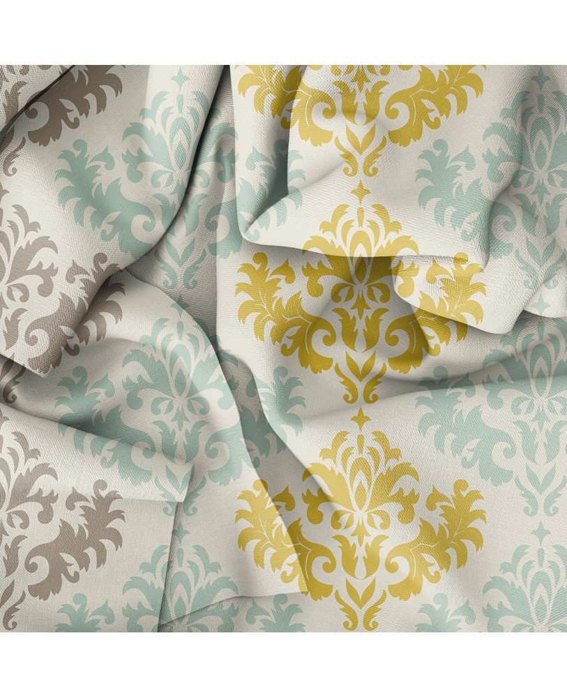 Printed Damask Yellow Blue and Cream Cotton Eyelite  Curtain